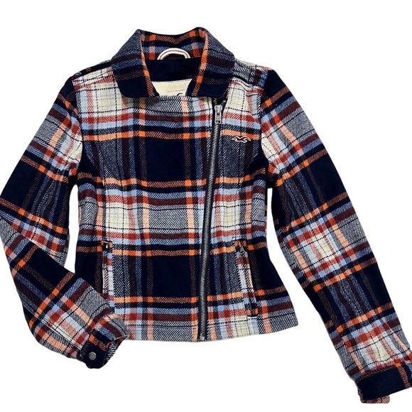 HOLLISTER Women M Moto Jacket Navy Wool Plaid Side Zip Fitted Lined Jacket - Picture 8 of 12